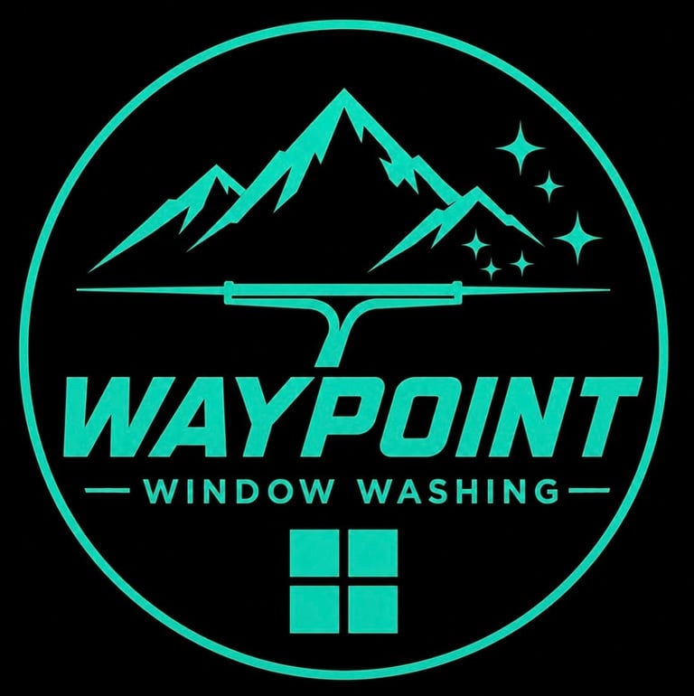 Waypoint Window Washing logo featuring turquoise mountains, squeegee tool, stars, and grid pattern on black background